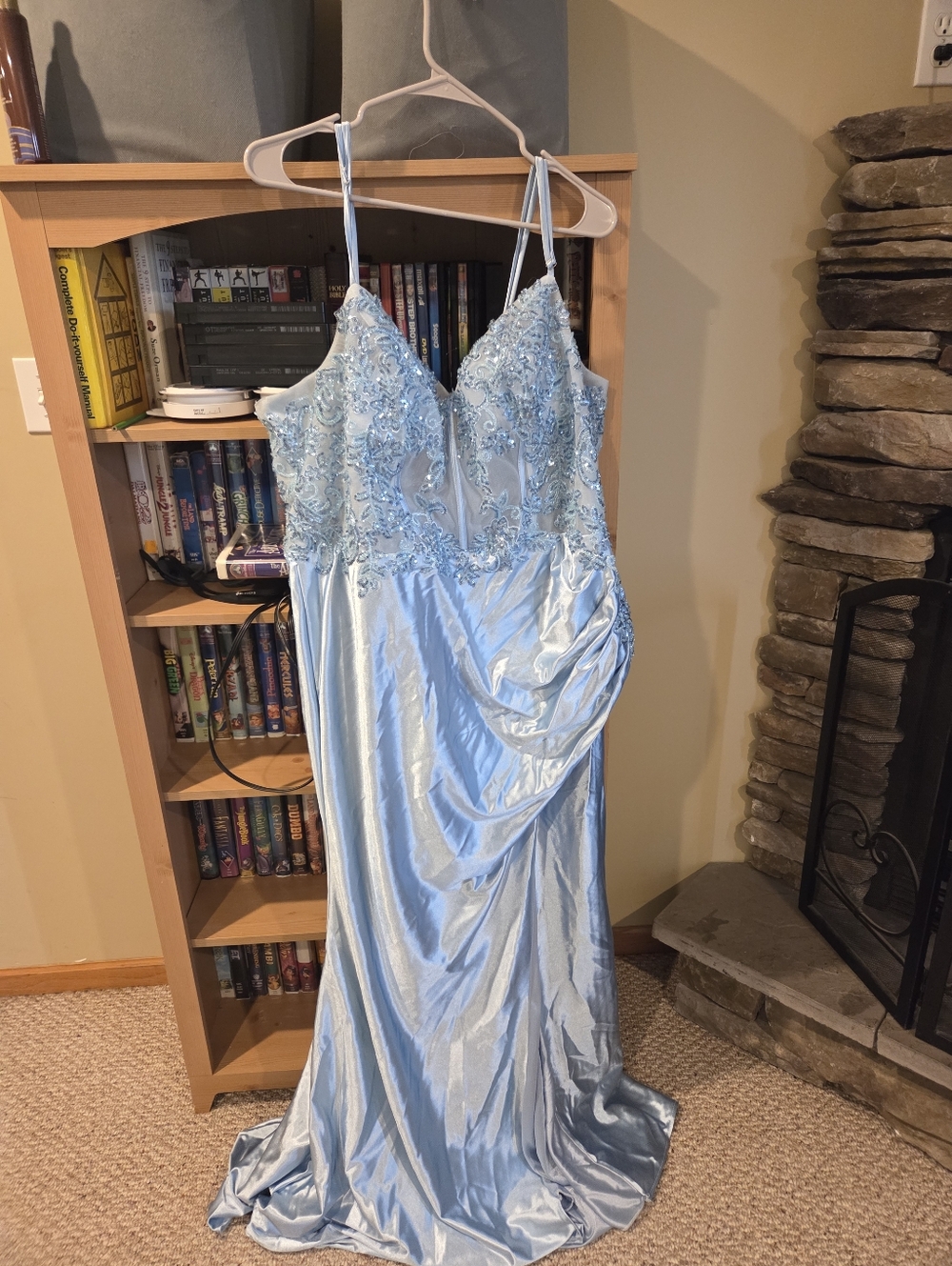 Elegant Light Blue Beaded Evening Dress - Slip Gown Style